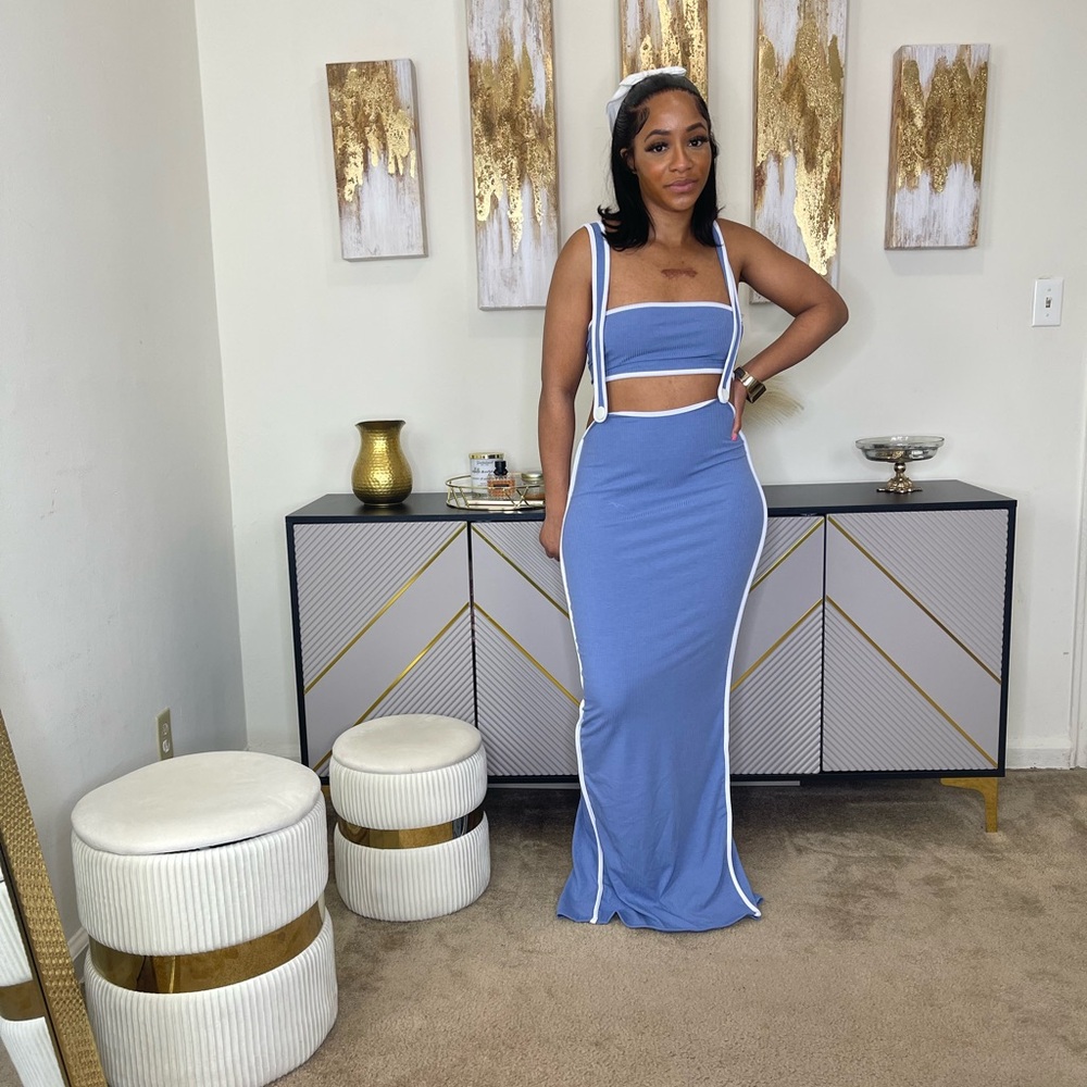 Blue Two-Piece Maxi Dress with White Trim